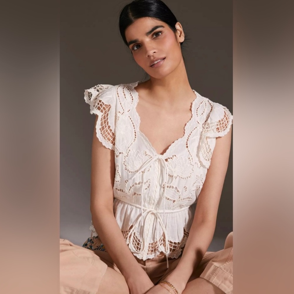 Anthropologie ivory Lace V-neck Peplum Blouse
